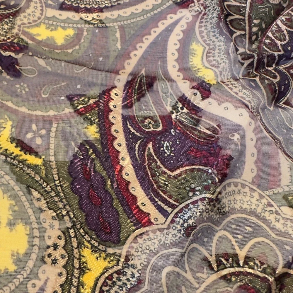 Vintage Paisley Sheer Square Scarf Purple‎ Gold Metallic Silk Feel Neckerchief